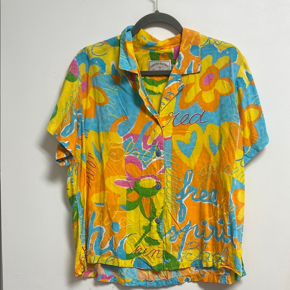 Jams World Colorful Graffiti Print Short Sleeve Button Up Shirt Light Weight XL